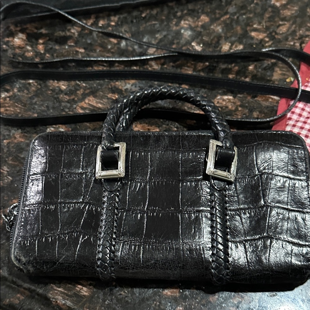 BRIGHTON VINTAGE SMALL CROSSBODY/HANDBAG BLACK CROC LEATHER EXTERIOR Mint!!
